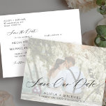 Photo modern simple elegant wedding save the date postcard<br><div class="desc">Full photo minimalist chic wedding save the date postcard template featuring your custom picture in a trendy faux vellum dark transparent overlay with white hand written calligraphy script.             Easy to personalise with your details and image on both sides!</div>