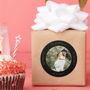 photo monogram elegant wedding classic round stic sticker