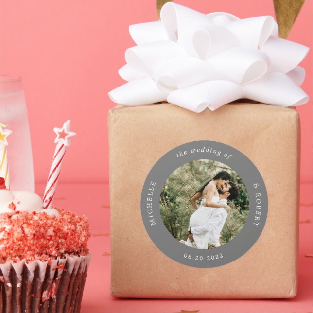 photo monogram elegant wedding  classic round sticker (Party)