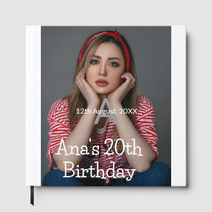 Photo monogram happy 20th birthday grey white guest book