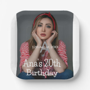 Photo monogram happy 20th birthday grey white paper plate
