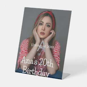 Photo monogram happy 20th birthday grey white pedestal sign