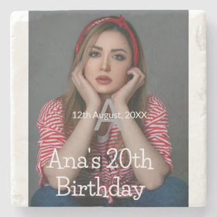 Photo monogram happy 20th birthday grey white  stone coaster