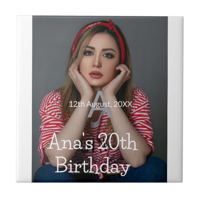 Photo monogram happy 20th birthday grey white  tile (Front)