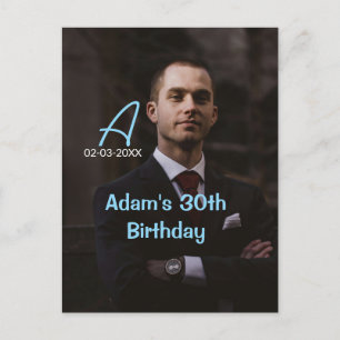 Photo monogram happy 30th birthday blue white past postcard