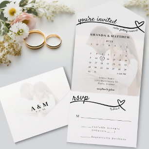 Photo Monogram Heart Line White Calendar Wedding  All In One Invitation