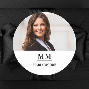 Photo monogram name brand colour business classic round sticker
