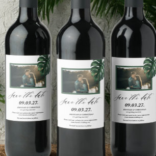 Photo Monstera Tropical Palm Leaf Save the date Wine Label