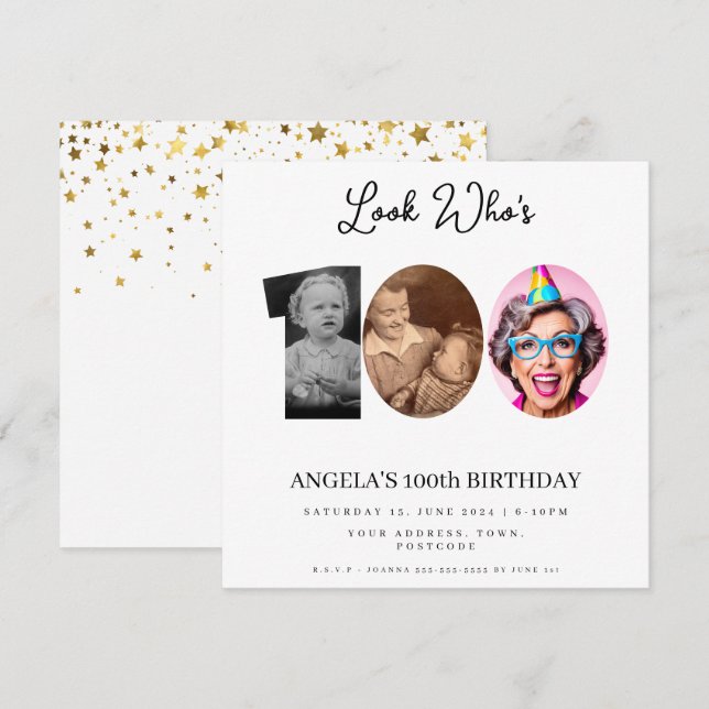photo Montage Birthday party 100 years old Invitation (Front/Back)