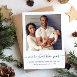 Photo More Cheer This Year Grey Script Christmas Holiday Card<br><div class="desc">Announce the arrival of your newest family member while wishing friends a merry Christmas with this modern photo card. The words "more cheer this year" appear in charcoal grey script, with decorative swashes reaching to the edges of the card. Easily add your favourite square photo, along with your names and...</div>