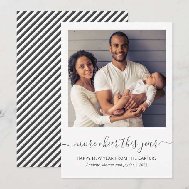 Photo More Cheer This Year Grey Script New Years Holiday Card (Front/Back)