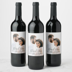 Photo Mr and Mrs wedding modern minimal thank you Wine Label