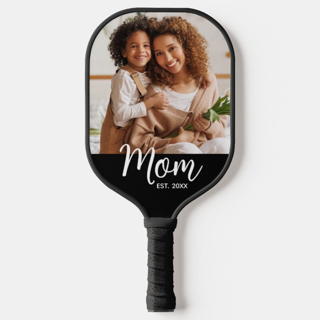 Photo Mum Established Date Fun Script on Black Pickleball Paddle (Front)