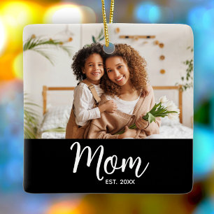 Photo Mum Established Date White Script on Black Ceramic Ornament