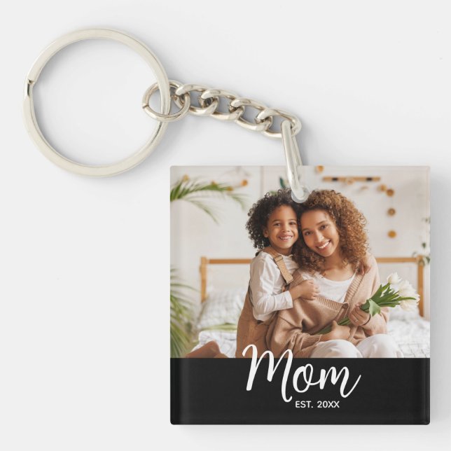 Photo Mum Established Date White Script on Black Key Ring (Front)