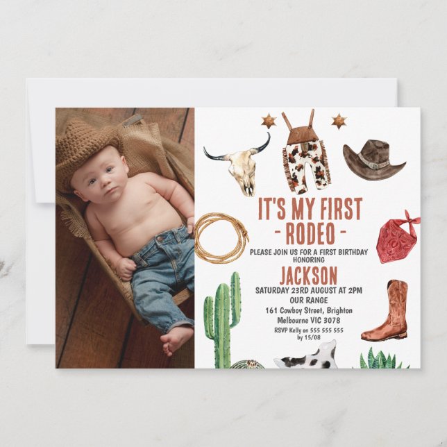 Photo My First Rodeo Cowboy 1st Birthday Invitation (Front)