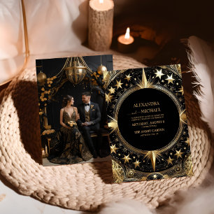 Photo Mystical Black Gold Celestial Galaxy Wedding Invitation