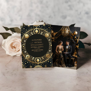 Photo Mystical Black Gold Celestial Galaxy Wedding Invitation