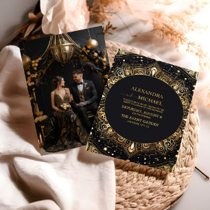 Photo Mystical Black Gold Celestial Stars Wedding Invitation