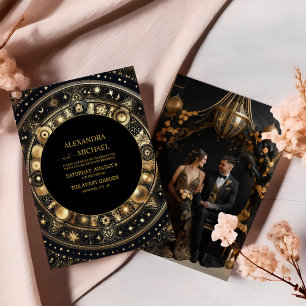 Photo Mystical Chic Black Gold Sun Moon Wedding Invitation
