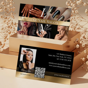 Photo Nail Art Technician Luxe Monogram Black Gold Business Card