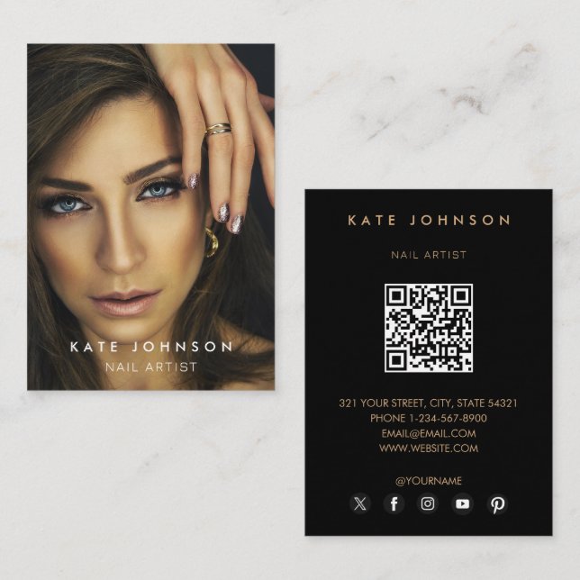 Photo Nail Artist Salon QR Code Social Media Black Business Card (Front/Back)