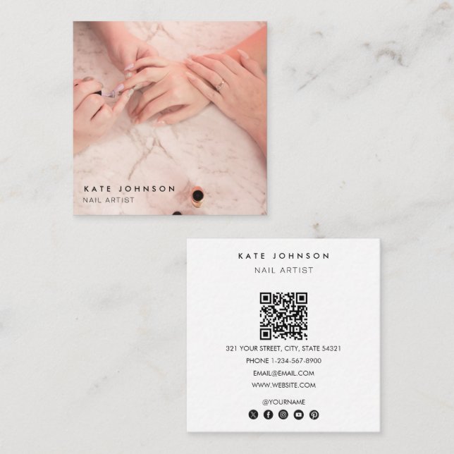 Photo Nail Artist Salon QR Code Social Media Square Business Card (Front/Back)