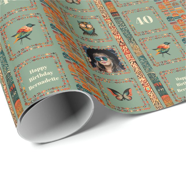 Photo Name Age Ethnic Bohemian Dark Green Birthday Wrapping Paper (Roll Corner)