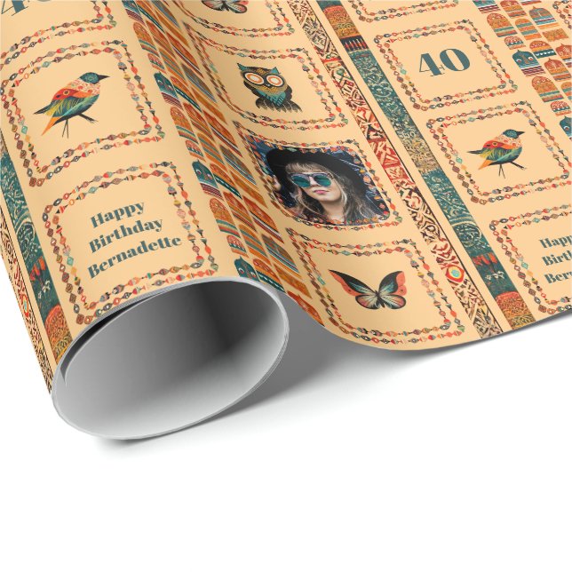 Photo Name Age Ethnic Bohemian Peach Owl Birthday Wrapping Paper (Roll Corner)