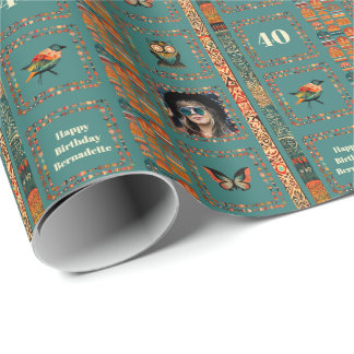 Photo Name Age Ethnic Bohemian Teal Owl Birthday Wrapping Paper