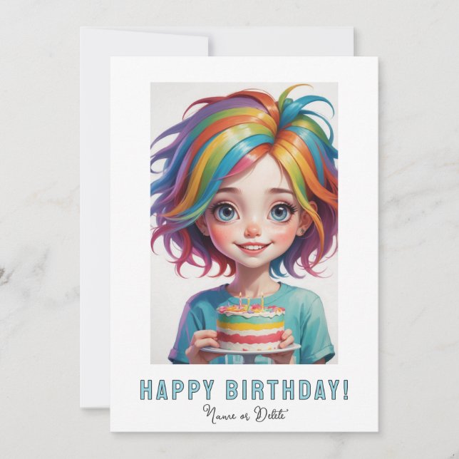 *PHOTO NAME Birthday Card Girl Cake Rainbow (Front)