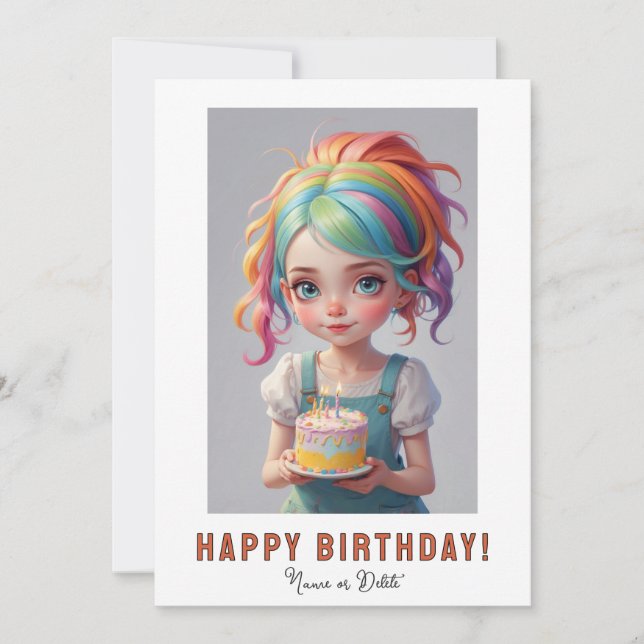 *PHOTO NAME Birthday Girl Cake Red Blue Hair Invitation (Front)