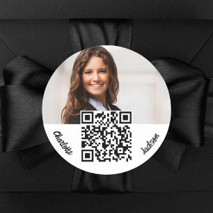 Photo name brand colour QR code business Classic Round Sticker
