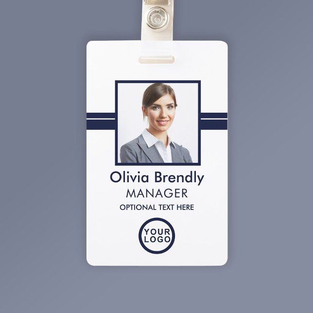 Photo Name Employee ID Badge | Navy White (Personalize with Your Custom Photo/Name/Title/Logo & Optional Text.)