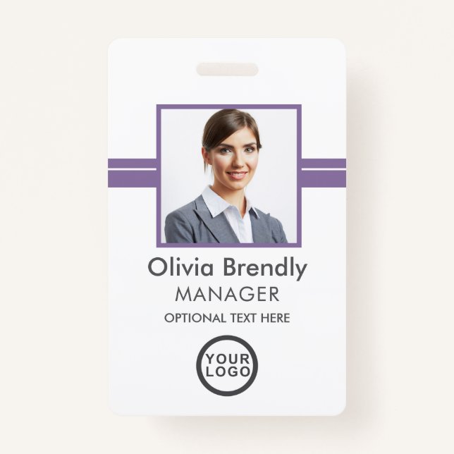 Photo Name Employee ID Badge | Purple White (Front)