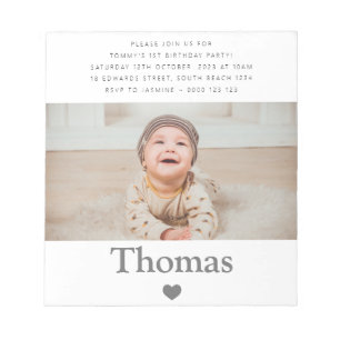 Photo Name First Birthday Party Heart Notepad