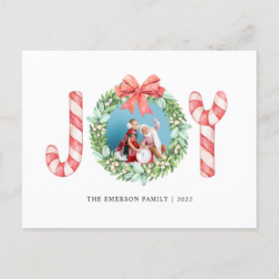Photo, Name, Joy Watercolor Christmas Wreath Postcard