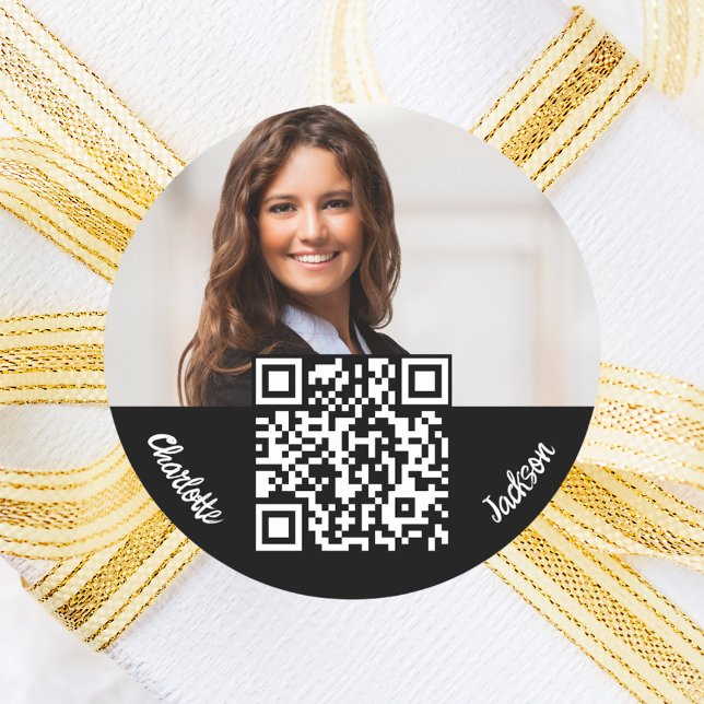 Photo name QR code black white business Classic Round Sticker (Creator Uploaded)