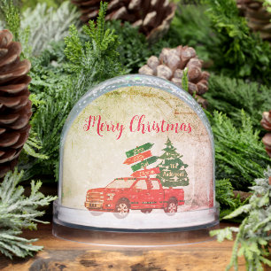 Photo Name Red Truck Merry Retro Vintage Christmas Snowglobe
