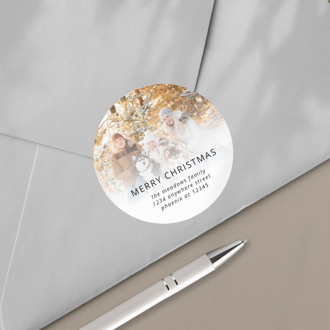 Photo Name Return Address Merry Christmas  Classic Round Sticker (Creator Uploaded)