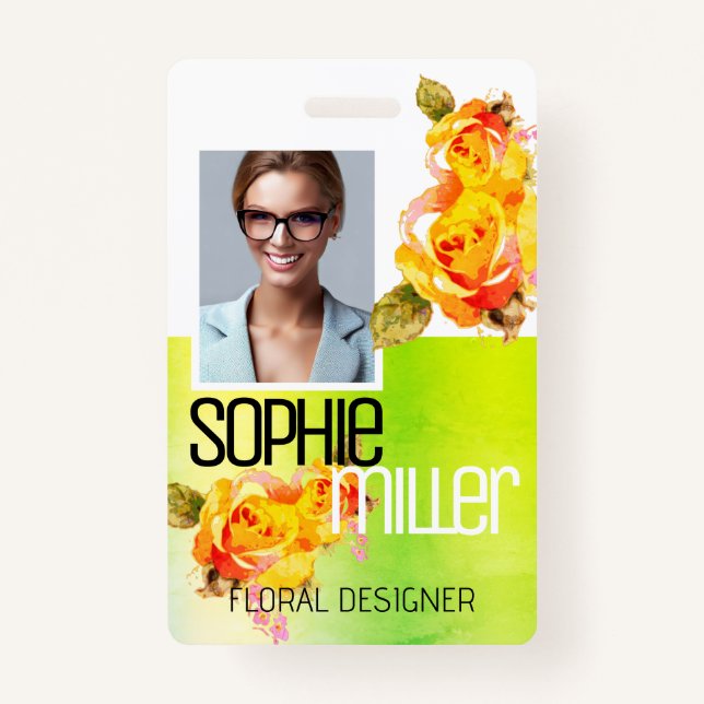 Photo Name Template Nature Green Flowers Roses  ID Badge (Front)