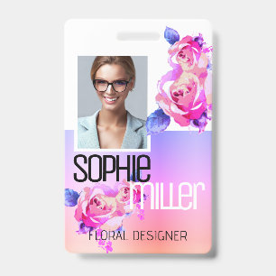 Photo Name Template Rainbow Ombre Flowers Roses  ID Badge