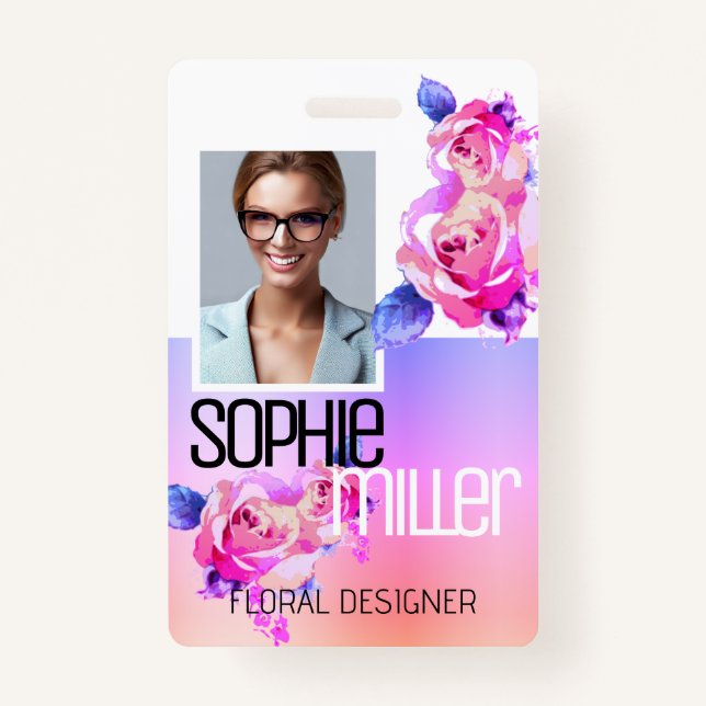 Photo Name Template Rainbow Ombre Flowers Roses  ID Badge (Front)