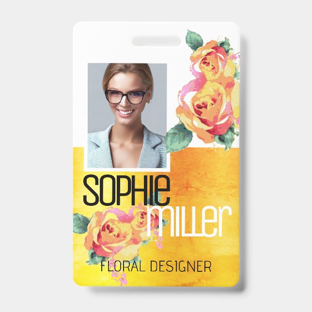 Photo Name Template Yellow Orange Flowers Roses  ID Badge (Front)