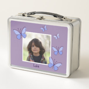 Photo Name Violet & Blue Butterfly Flutter Metal Lunch Box