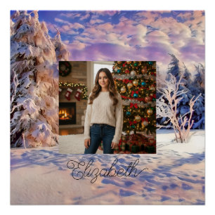 Photo Name Winter Scenery Purple Pink Watercolor Poster