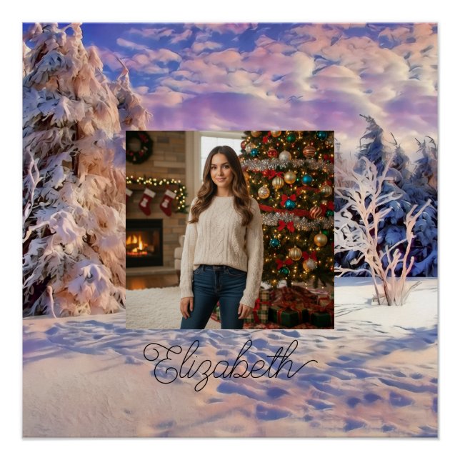 Photo Name Winter Scenery Purple Pink Watercolor  Poster (Front)