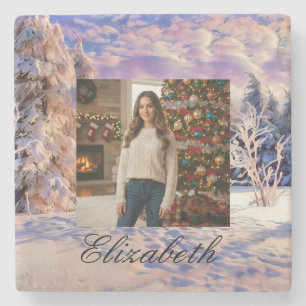 Photo Name Winter Scenery Purple Pink Watercolor Stone Coaster