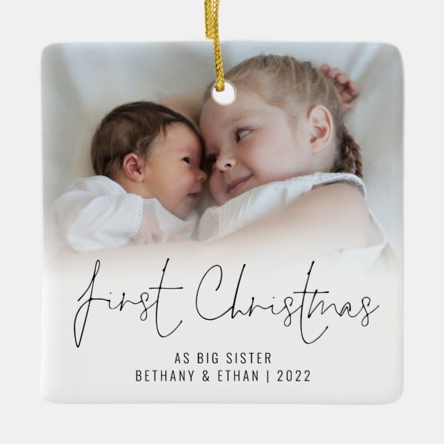 Photo Name Year First Christmas Big Sister Ceramic Ornament (Front)