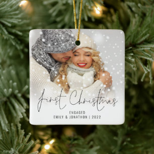 Photo Name Year First Christmas Engaged Ceramic Ornament
